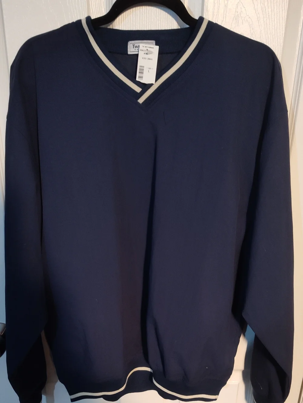 Classic Men's Navy V-Neck Sweater with White Contrast Trim